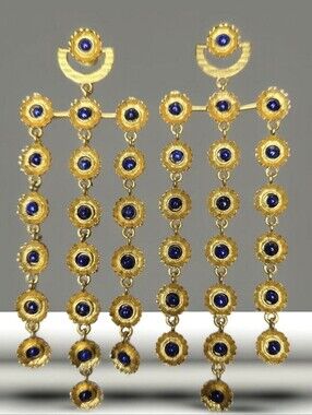 22k Gold Plated Genuine Lapis Lazuli Stone Cupped Flower Statement Earrings